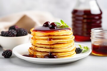 Canvas Print - pancake stack with a small jug of syrup tipped over next to it