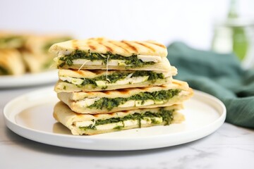 Poster - neatly stacked chicken pesto paninis on white plate