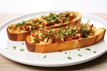 Wall Mural - a toasted garlic bread pizza on a white plate