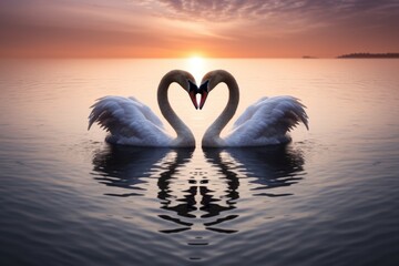 Canvas Print - two swans forming a heart-shape on calm waters