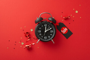 Wall Mural - Black Friday shopping time is near! Top-down view of a black alarm clock adorned with a 