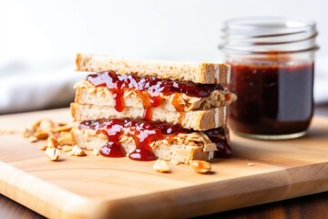 Wall Mural - simple peanut butter and jelly sandwich on a bamboo board