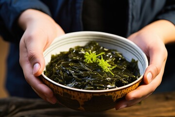 Sticker - hand holding a bowl of seaweed salad, ready to eat