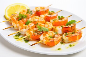 Poster - brightly lit shrimp skewers on a white dish