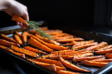 Canvas Print - removing baked sweet potato fries from the oven