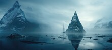 A Wide-format Background Image, In A Fantasy Setting, Showcasing A Ship Sailing Through Icy Waters Surrounded By Towering Mountains, Creating A Breathtaking Panoramic View. Photorealistic Illustration