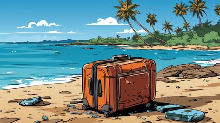 Poster - A cartoon illustration of a suitcase on the beach, AI