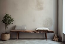 Aged Wood Bench With Pillows Near Stucco Wall In Modern Living Room. Generative AI