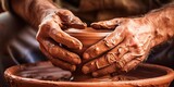 Expert Potter making exquisite clay art with Handmade Pot Design - Closeup Human Hands Creating Pot