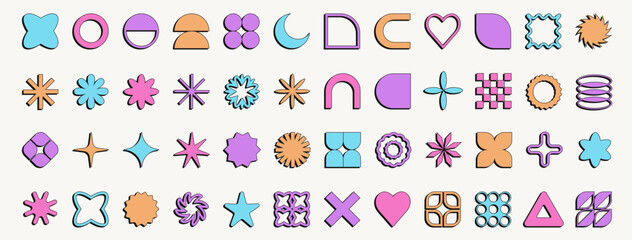Poster - Set of colorful abstract geometric shapes and forms. Brutal contemporary figures, stars, flowers and other primitive elements. Trendy Y2K signs and symbols.