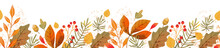 Autumn Floral Border. Seamless Horizontal Pattern With Hand Drawn Watercolor Leaves. Decoration For Fall, Thanksgiving And Harvest Day Design. Vector