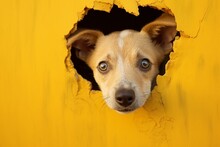 Adorable Puppy Peeks Out Of A Hole In A Vibrant Yellow Wall. Generative AI