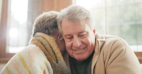 Wall Mural - Home, hug and marriage with senior couple, commitment and love with happiness, relax and bonding. Kindness, elderly woman and old man embrace, apartment and retirement with a smile, trust and care