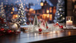 Christmas winter decorations with snowflakes, snow, xmas baubles and fir trees on wooden table