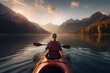 Woman kayaking lake. Travel person. Generate Ai