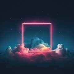 Aufkleber - Abstract minimal background with pink blue neon light square frame with copy space, illuminated stormy clouds, glowing geometric shape
