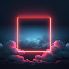 Aufkleber - Abstract minimal background, pink blue neon light square frame with copy space, illuminated stormy clouds, glowing geometric shape