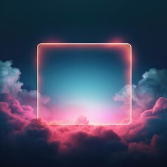 Aufkleber - Abstract minimal background, pink blue neon light square frame with copy space, illuminated stormy clouds, glowing geometric shape