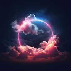 Aufkleber - Abstract background with cloud and neon circle shape in the night sky. Stormy cumulus with glowing round frame