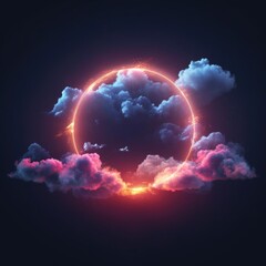 Aufkleber - Neon light circle frame glowing among soft clouds in dark sky. Round ring of electric blue purple neon color and bright sparkle flare in abstract night background