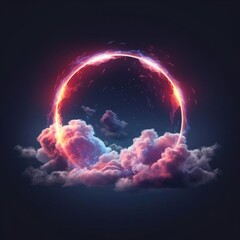 Aufkleber - Neon ring frame with smoke on water surface. Circle glowing frame with magic light among soft clouds. Pink circle shape with bright sparkles and flares