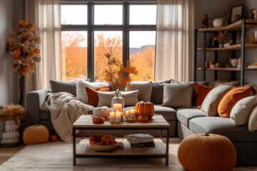 Wall Mural - Cozy living room interior in fall palette with autumn flowers and pumpkins decor