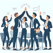 Team of business people celebrate success winning prize goal in work collaboration together giving high five with joy. Flat vector illustration design