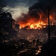ukrain war fiktiv generative ki / ai  war bome brennende häuser stadt zerbombt mit ruinen udn flammen inferno 