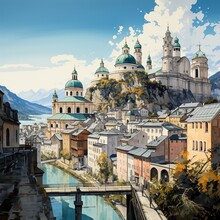 Salzburg Gemalt Fiktiv Generative Ki Bild Auf Die Burg Kappelle Dom Domplatz