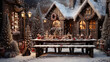 Christmas wooden house with table and bench, decorated for Christmas, lanterns, snow and snowflakes in winter