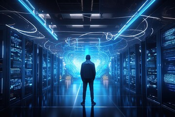 Wall Mural - High-Tech Data Center with Business Person in Tron Neon Lights