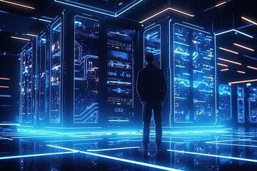 Wall Mural - High-Tech Data Center with Business Person in Tron Neon Lights