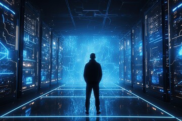 Wall Mural - High-Tech Data Center with Business Person in Tron Neon Lights