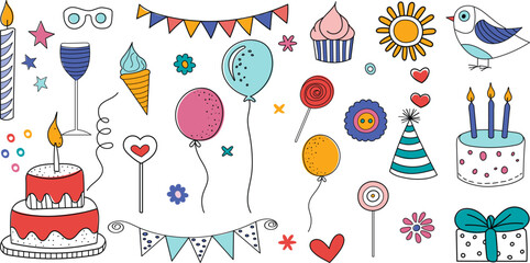 Sticker - birthday set of sketch elements, on a white background, vector