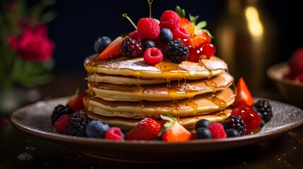 Wall Mural - Delicious and Fluffy Pancakes with Fresh Berries and Maple Syrup on a White Plate