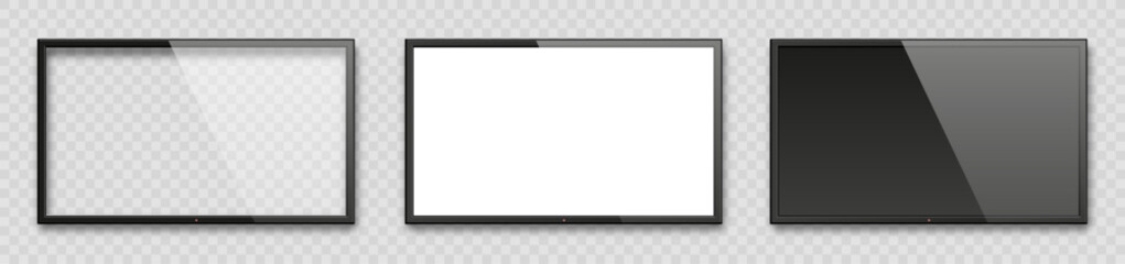 Realistic TV screen collection. Empty tv frame. LCD TV screen on a transparent background. Modern stylish lcd panel, led type. Large computer monitor display mockup. Vector illustration