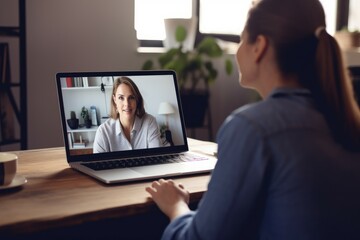 Poster - Woman video conference tutor laptop. Screen digital. Generate Ai