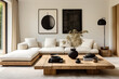 Rustic coffee table near white fabric sofa against window. Japandi style home interior design of modern living room.