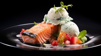 Wall Mural - Raw Salmon with Salad and Ice Cream: A Delicious and Healthy Meal. Food Photography