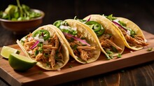 Delicious Mexican Chicken Tacos With Onion, Cilantro, And Jalapeño On A Wooden Platter