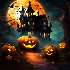 Wall Mural - Horror house with jack-o-lanterns under full moon. Concept of Halloween. Digital illustration. CG Artwork Background