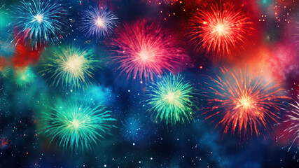 Poster - Colorful fireworks background with space for text. New Year celebration.