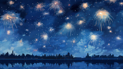 Poster - Fireworks background. City