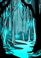 Wall Mural - beautiful trees in forest under moonlight, vector illustration