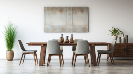 Wall Mural - Interior design of stylish dining room interior with family wooden table, modern chairs, plate with nuts, salt and pepper shakers. Concrete floor. White wall.