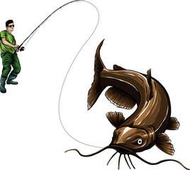 Wall Mural - vector illustration of fisherman catching a catfish