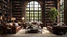 Library With Metal Bookshelves And Leather Seating. Highlight Tall Windows And Brick Walls. Colors: Cocoa Brown, Pewter, And Beige
