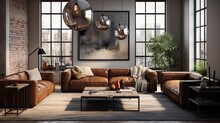 Living Room Featuring Leather Sofas And Metal Coffee Tables. Highlight Bare Light Bulbs And Metal Pendant Lights. Colors: Burnt Sienna, Slate Gray, And Raw Umber