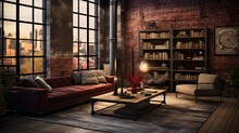 Loft Space With Exposed Brick Walls And Large Windows. Incorporate Distressed Wood Furniture And Metal Fixtures. Stick To A Color Palette Of Deep Reds, Charcoals, And Rust