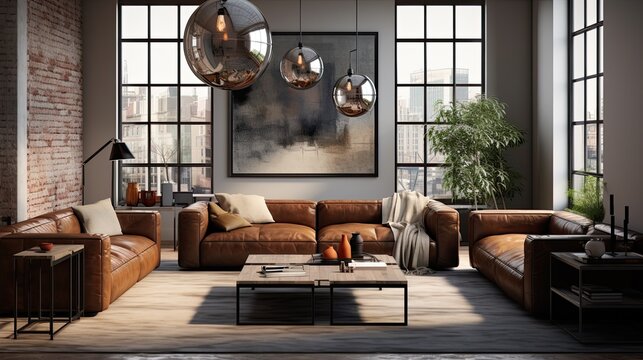 living room featuring leather sofas and metal coffee tables. highlight bare light bulbs and metal pe